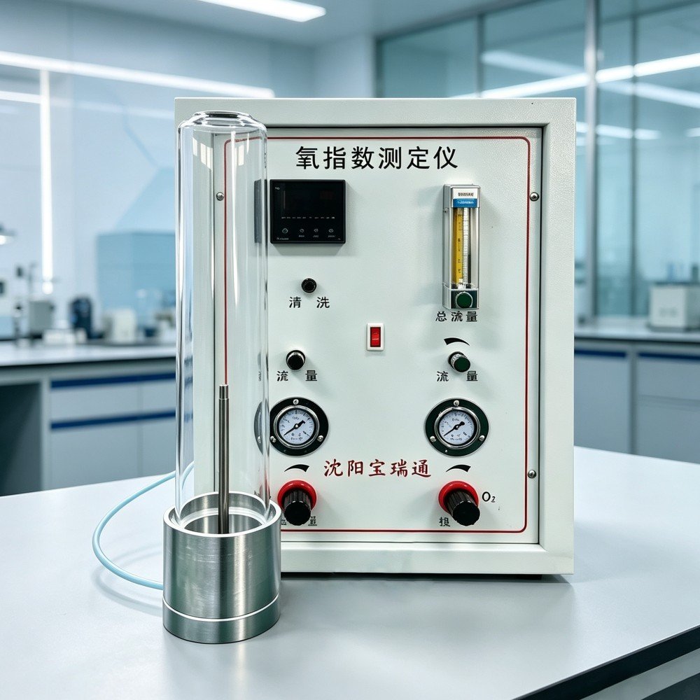 Limiting oxygen index tester used to rank plastic formulations alongside flammability testing
