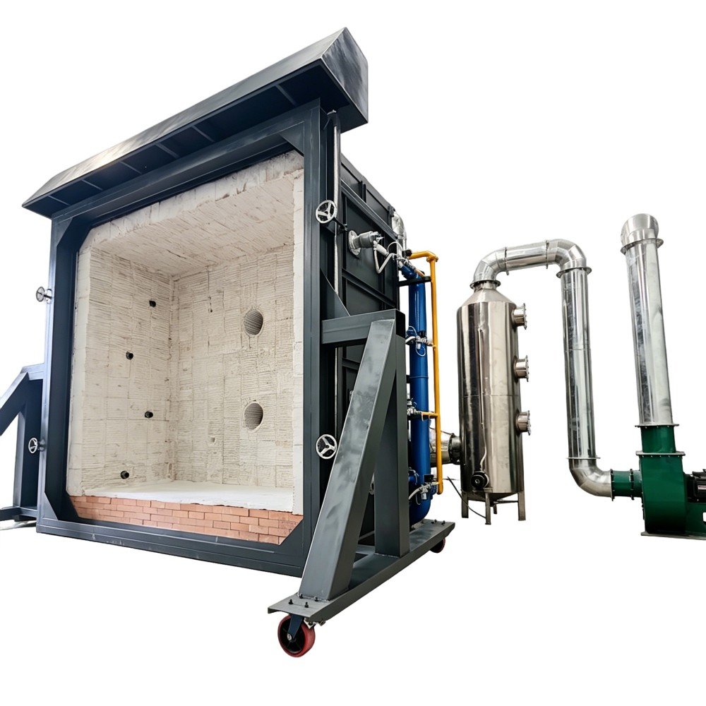 Vertical integrated fire resistance test furnace with a wall specimen mounted for ISO 834-1 fire resistance testing