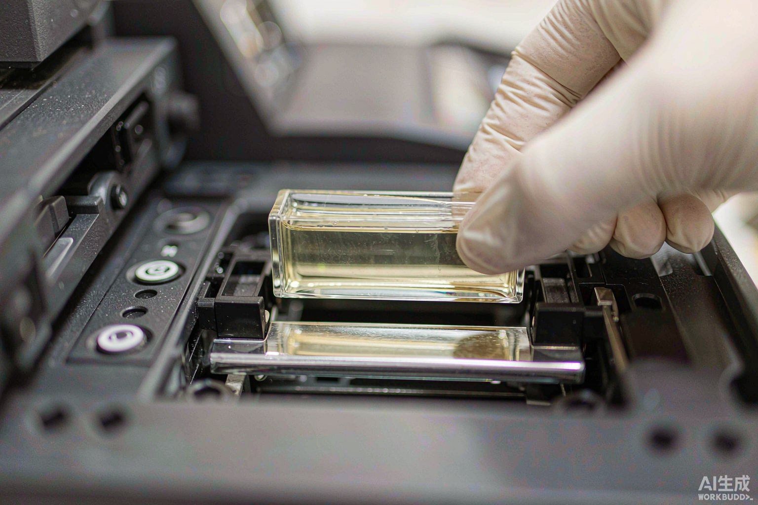 Holmium oxide wavelength reference standard beside a UV-Vis spectrophotometer cuvette holder during a wavelength accuracy check